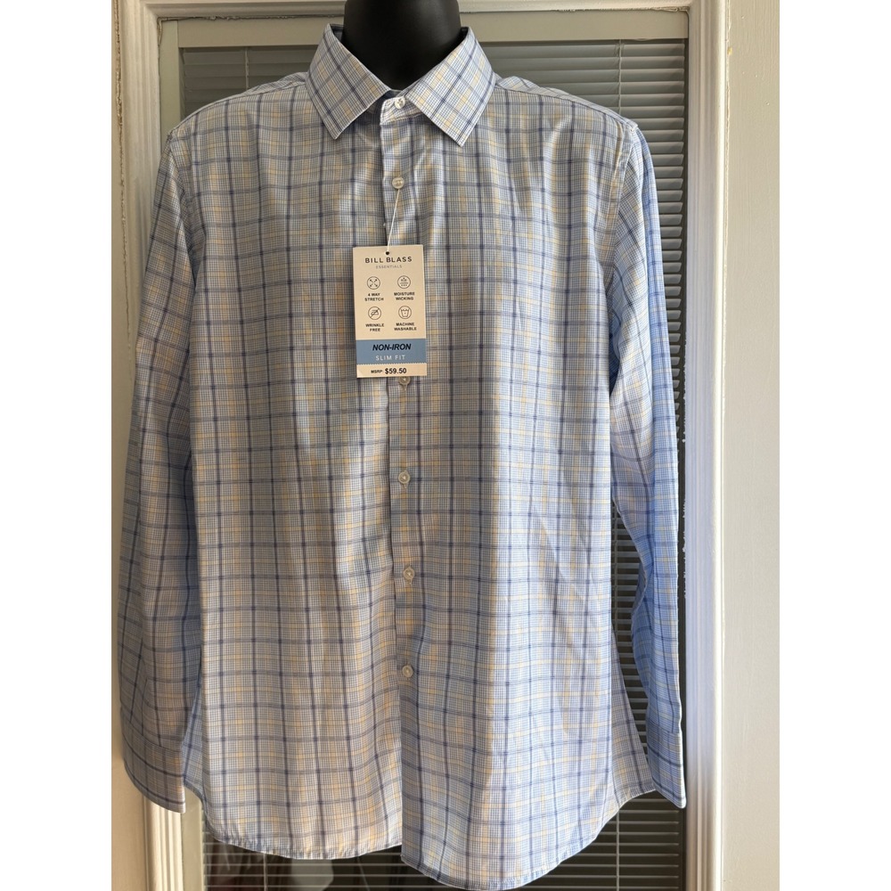 Bill Blass Button Down Shirt Mens L Blue Plaid NWT Non-Iron Slim Fit Stretch